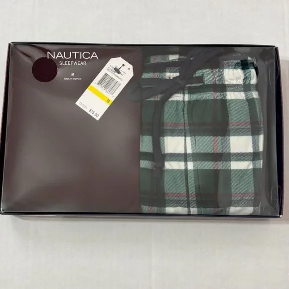 Nautica NWB Sz M Men's PJ Set Maroon/Green Multi Crew Neck Cozy Pants - Picture 9 of 12